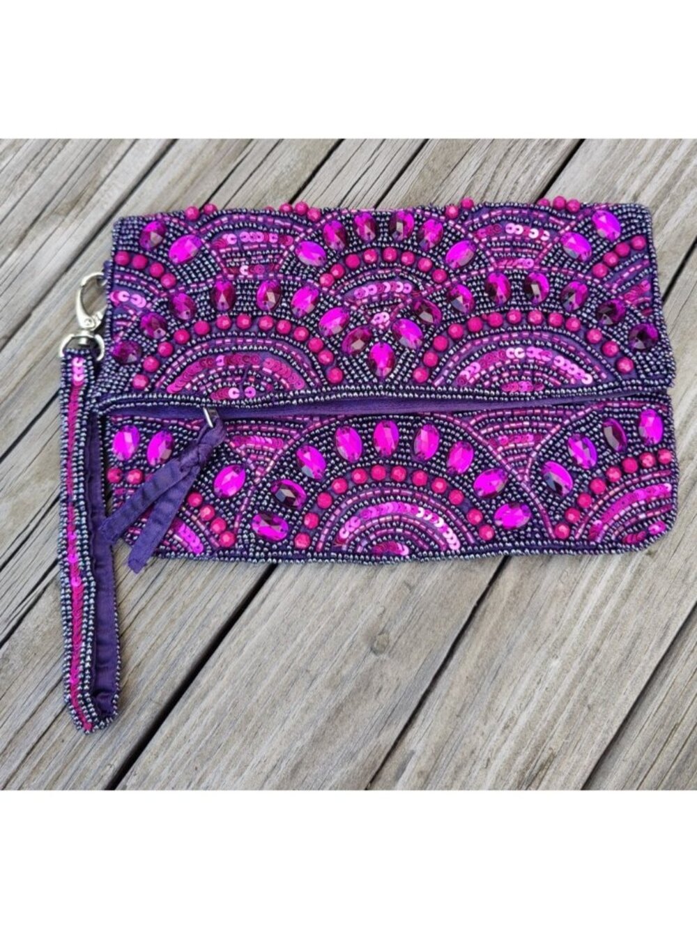 Vintage Beaded Wristlet Clutch Purple Y2K Evening Bag Bead Purse Clutch Strap